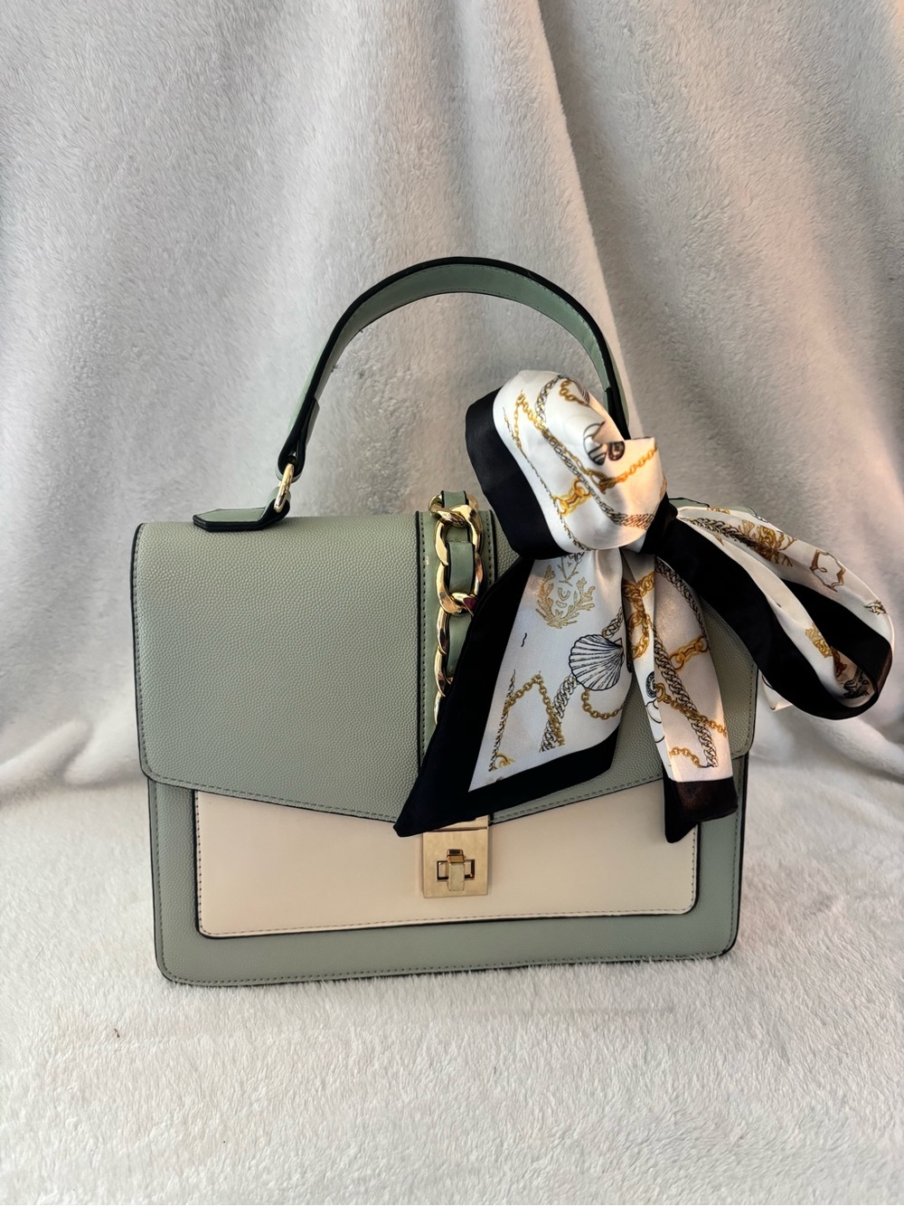 Aldo Two-Tone Sage Green and Cream Top-Handle Satchel with Scarf